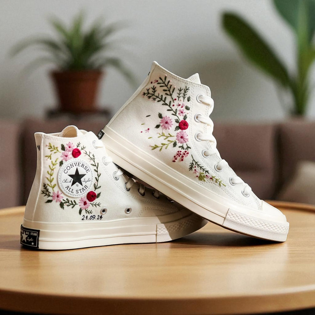 Stitchery Zone white embroidered high top sneakers with floral design Wedding Flowers Embroidered Converse Chuck Taylor 1970s