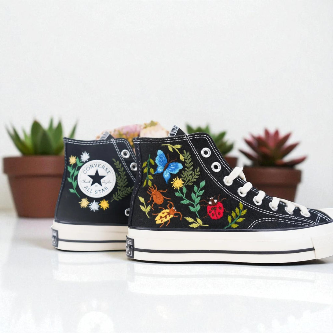 Stitchery Zone Bugs Embroidered Sneakers black high top shoes with colorful insect and floral stitching