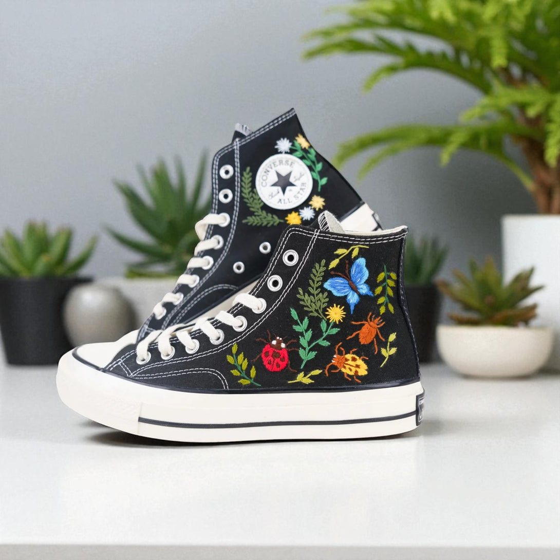 Stitchery Zone Bugs Embroidered Sneakers black high-top shoes with colorful bug and floral embroidery