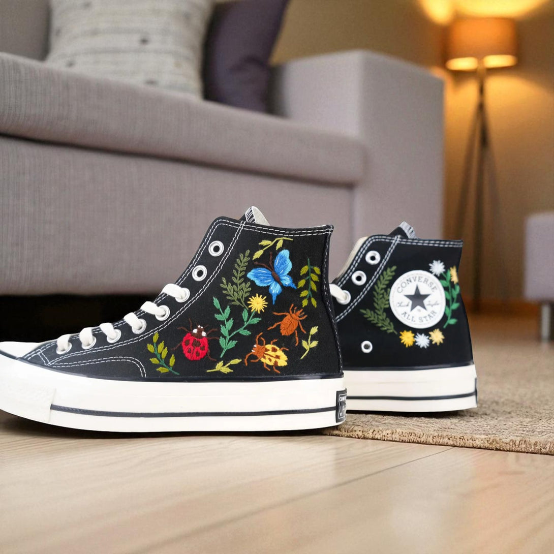 Black Bugs Embroidered Sneakers by Stitchery Zone with colorful insect and floral designs on high-top canvas shoes