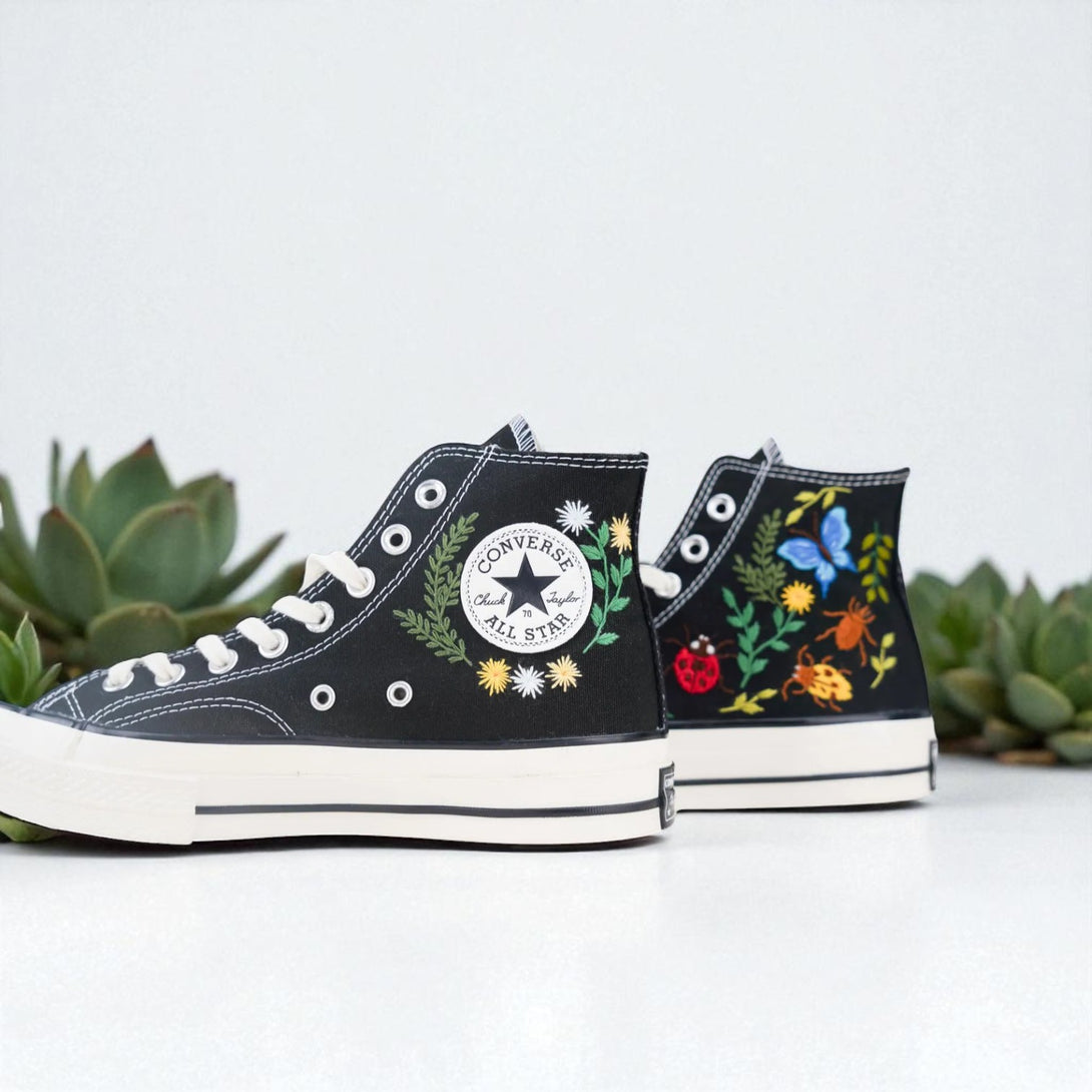 Bugs Embroidered Sneakers by Stitchery Zone black high-top canvas shoes with colorful bug and floral embroidery
