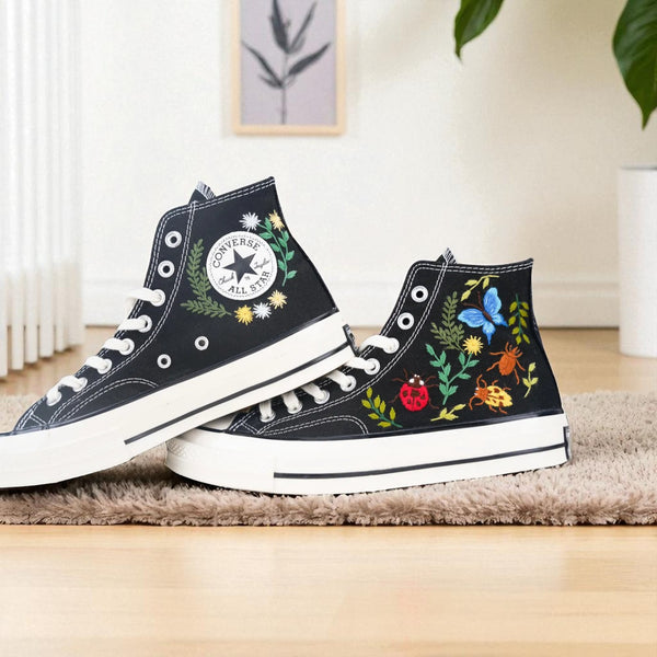 Stitchery Zone Bugs Embroidered Sneakers black high-top shoes with colorful insect and floral designs