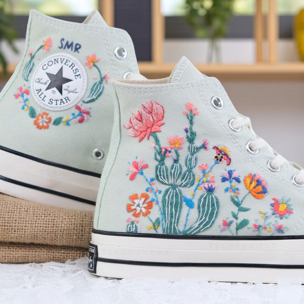 Converse Cactus Shoes with Colorful Floral Embroidery on High-Top Design