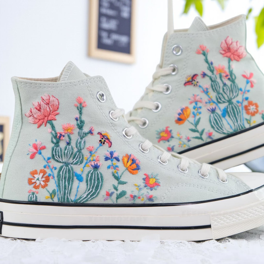 Converse Cactus Shoes with Colorful Floral Embroidery on Canvas for Stylish Casual Wear