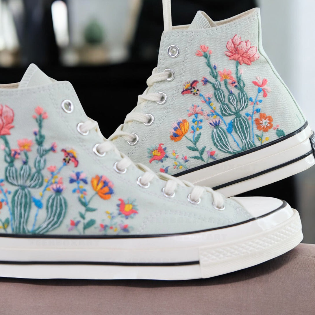 Converse Cactus Shoes with Colorful Floral Embroidery on Light Blue Canvas