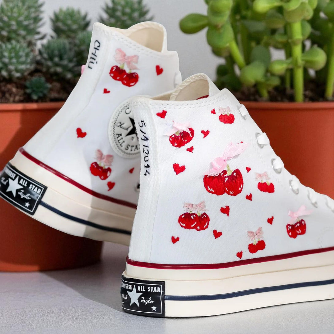 Stitchery Zone white cherries embroidered sneaker custom with red hearts and bow accents on high-top canvas shoes