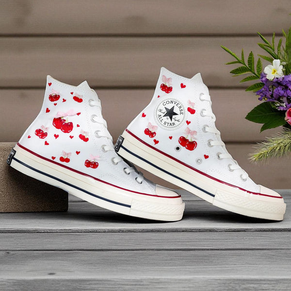Cherries Embroidered Sneaker Custom white high-top shoes with red cherry designs and hearts by Stitchery Zone