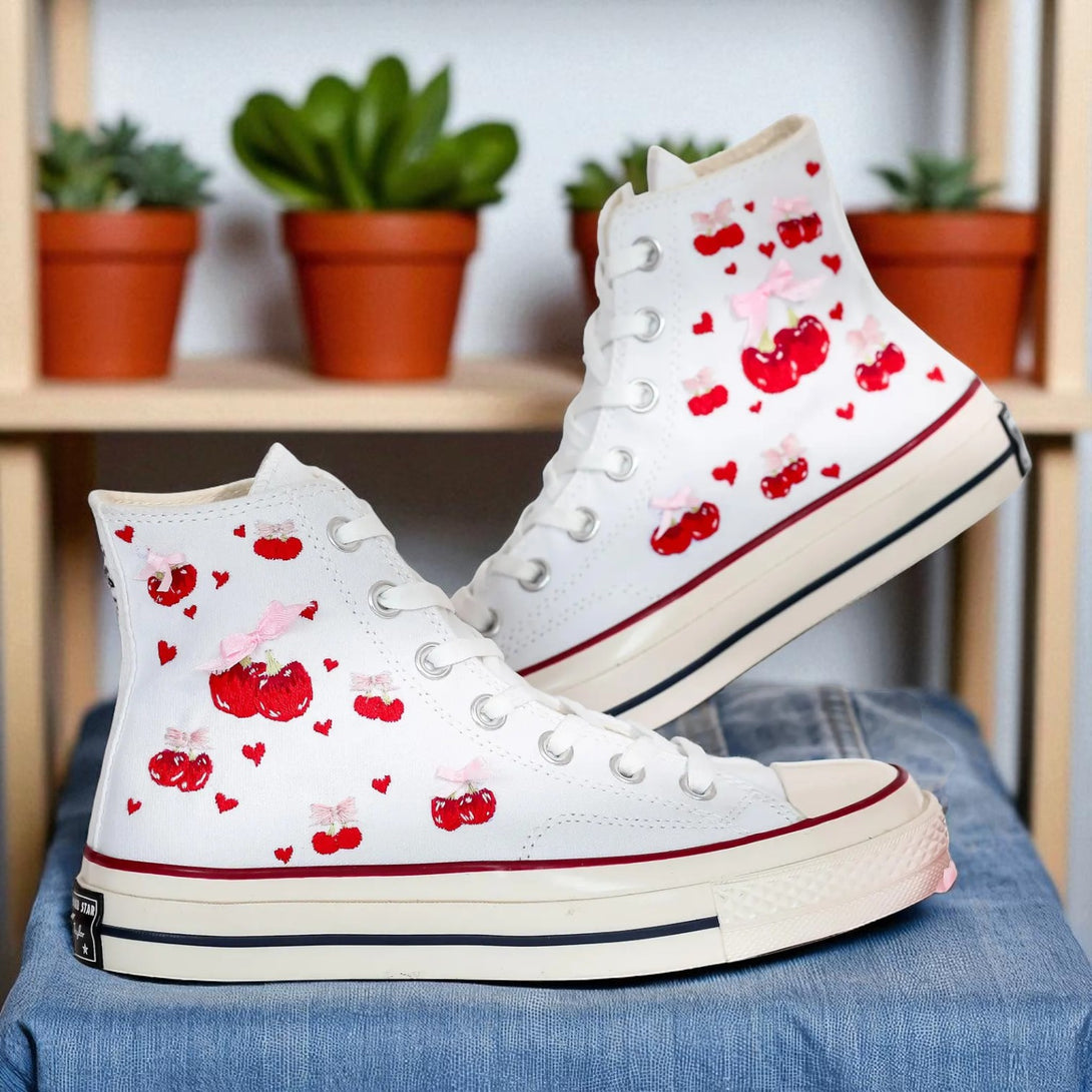 Stitchery Zone Cherries Embroidered Sneaker Custom white high top shoes with red cherry embroidery