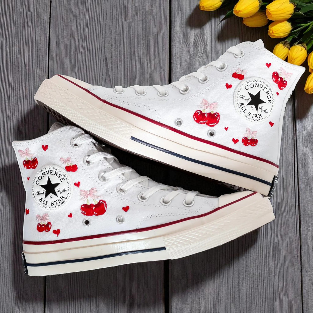 Cherries Embroidered Sneaker Custom white high top Converse shoes with red cherry and heart embroidery