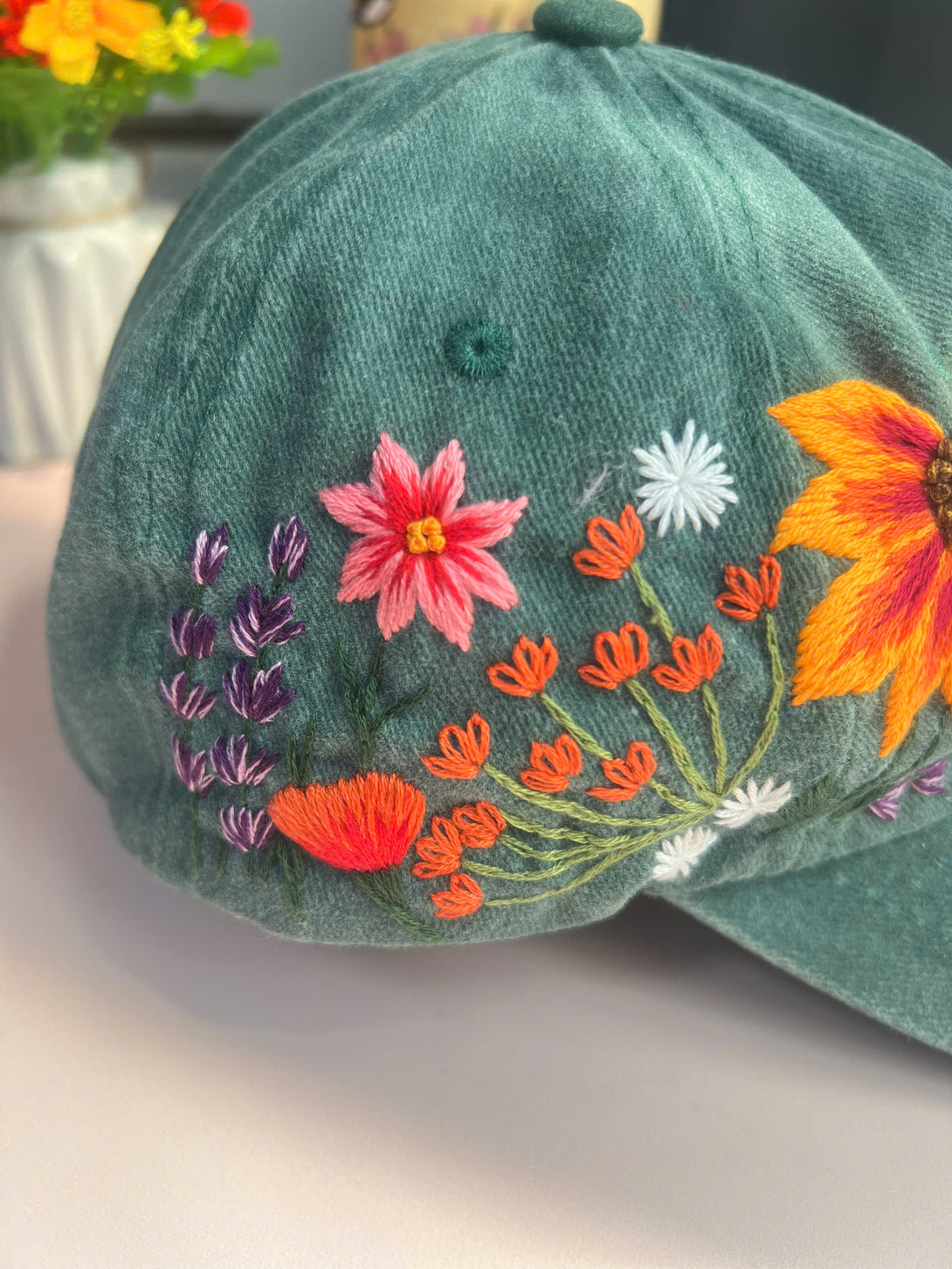 Stitchery Zone embroidered hat with colorful floral design gift for flower lovers hat