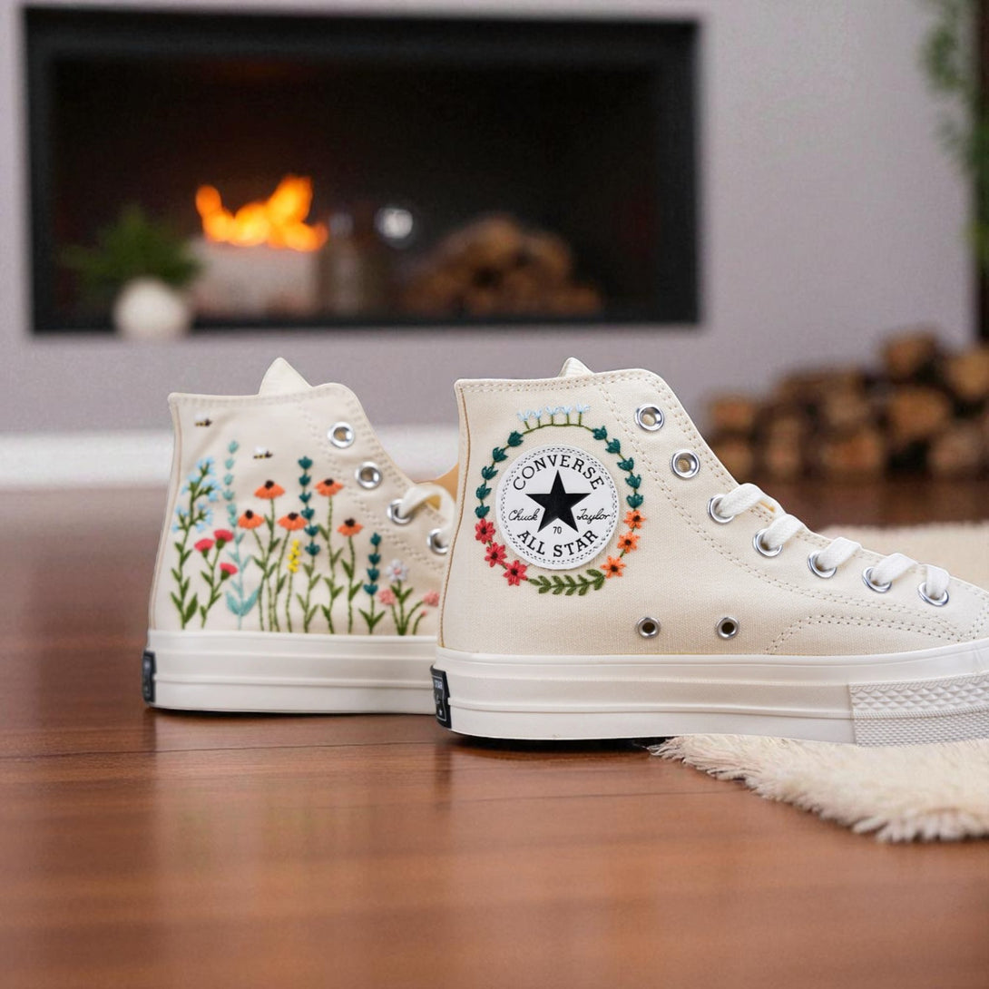 Stitchery Zone embroidered comfortable wedding shoes for bride in white with floral design high-top style