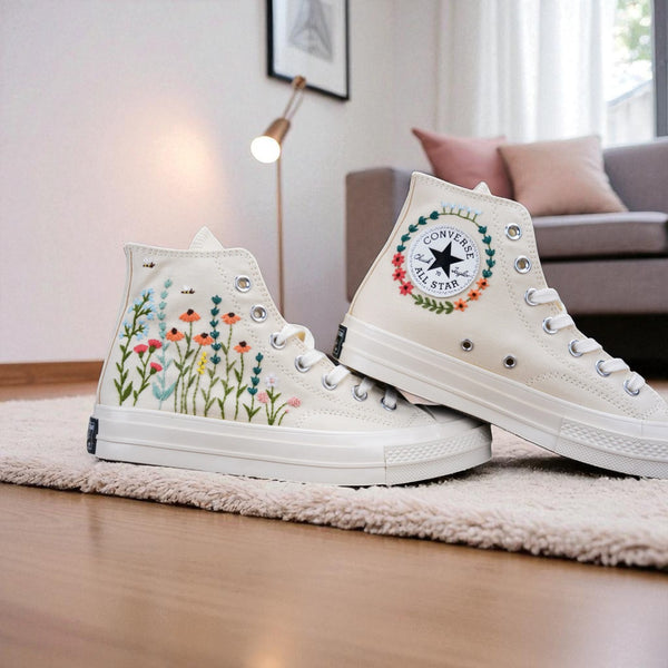 Stitchery Zone embroidered shoes featuring floral designs, perfect comfortable wedding shoes for bride