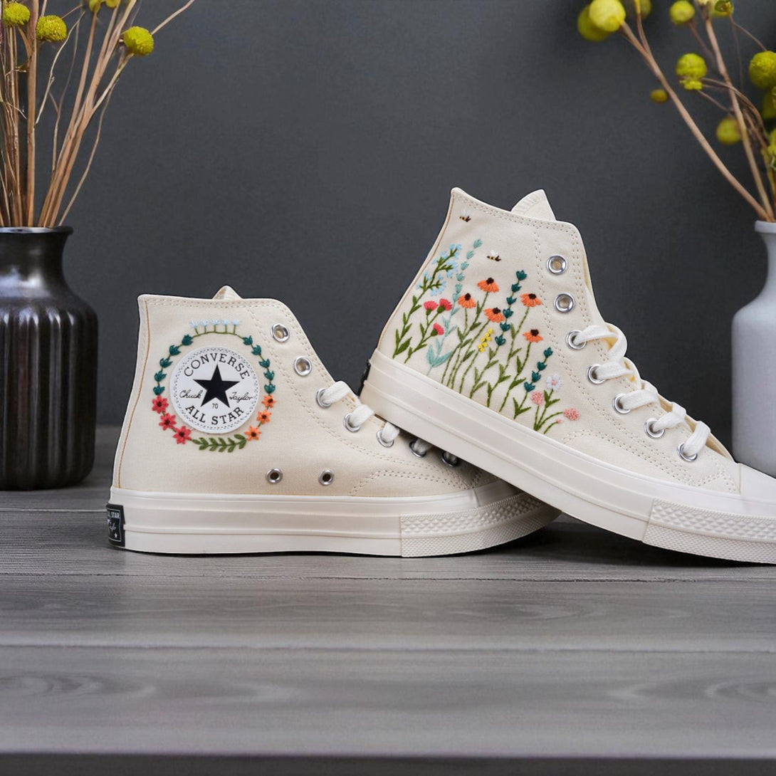 Stitchery Zone embroidered shoes with floral design comfortable wedding shoes for bride in white high-top style