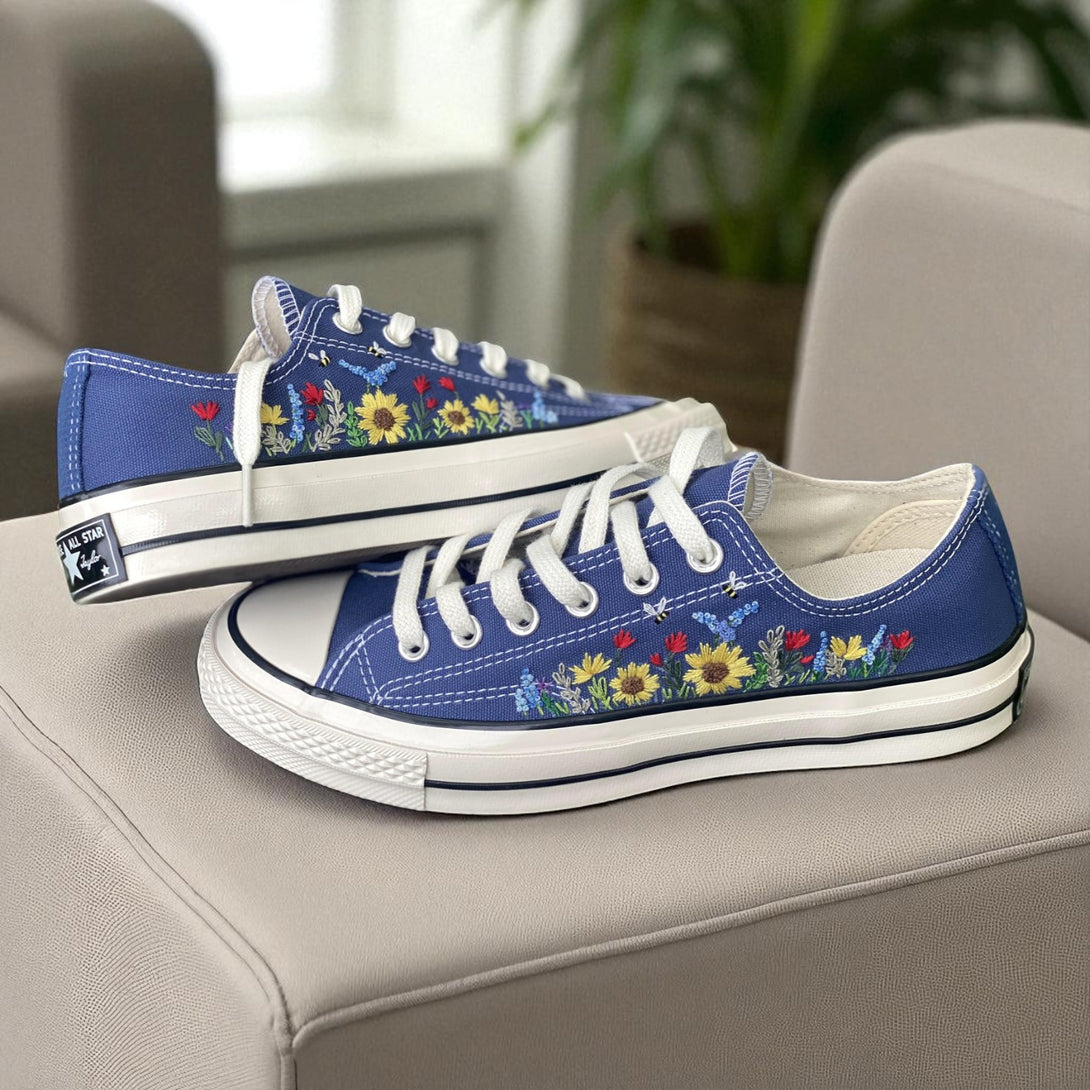 Comfortable wedding shoes for bride Stunning Sunflower Embroidery Design blue embroidered canvas sneakers by Stitchery Zone