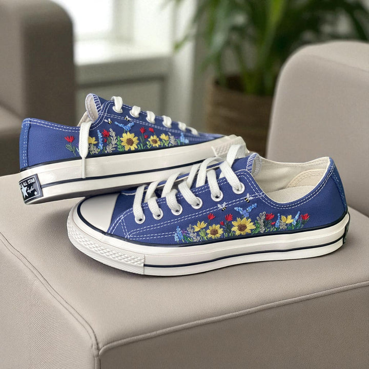 Comfortable wedding shoes for bride Stunning Sunflower Embroidery Design blue embroidered canvas sneakers by Stitchery Zone