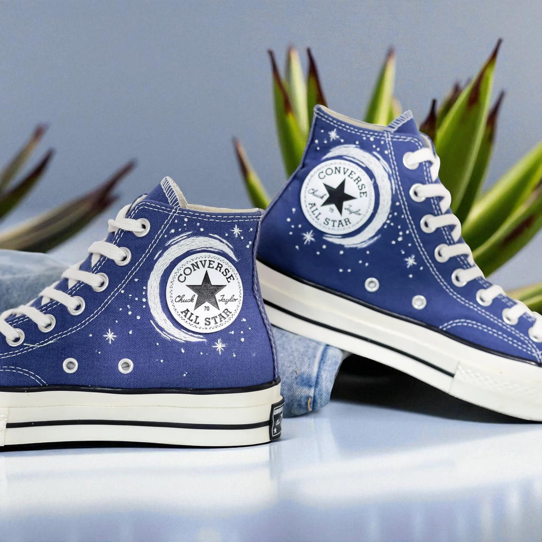 Constellations Embroidered Shoes Moon Axolotl Embroidered Sneakers blue high top Converse style with star designs by Stitchery Zone