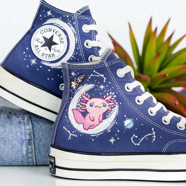 Stitchery Zone Constellations Embroidered Shoes with Moon and Axolotl Embroidered Sneakers design on blue Converse All Star