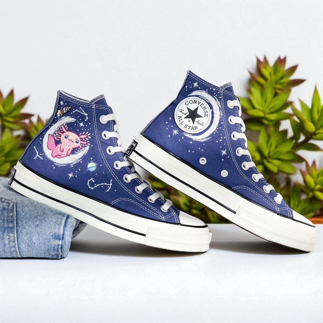 Constellations Embroidered Shoes with Moon and Axolotl Embroidered Sneakers in blue canvas by Stitchery Zone