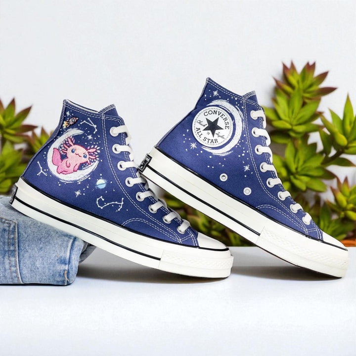 Constellations Embroidered Shoes with Moon and Axolotl Embroidered Sneakers in blue canvas by Stitchery Zone