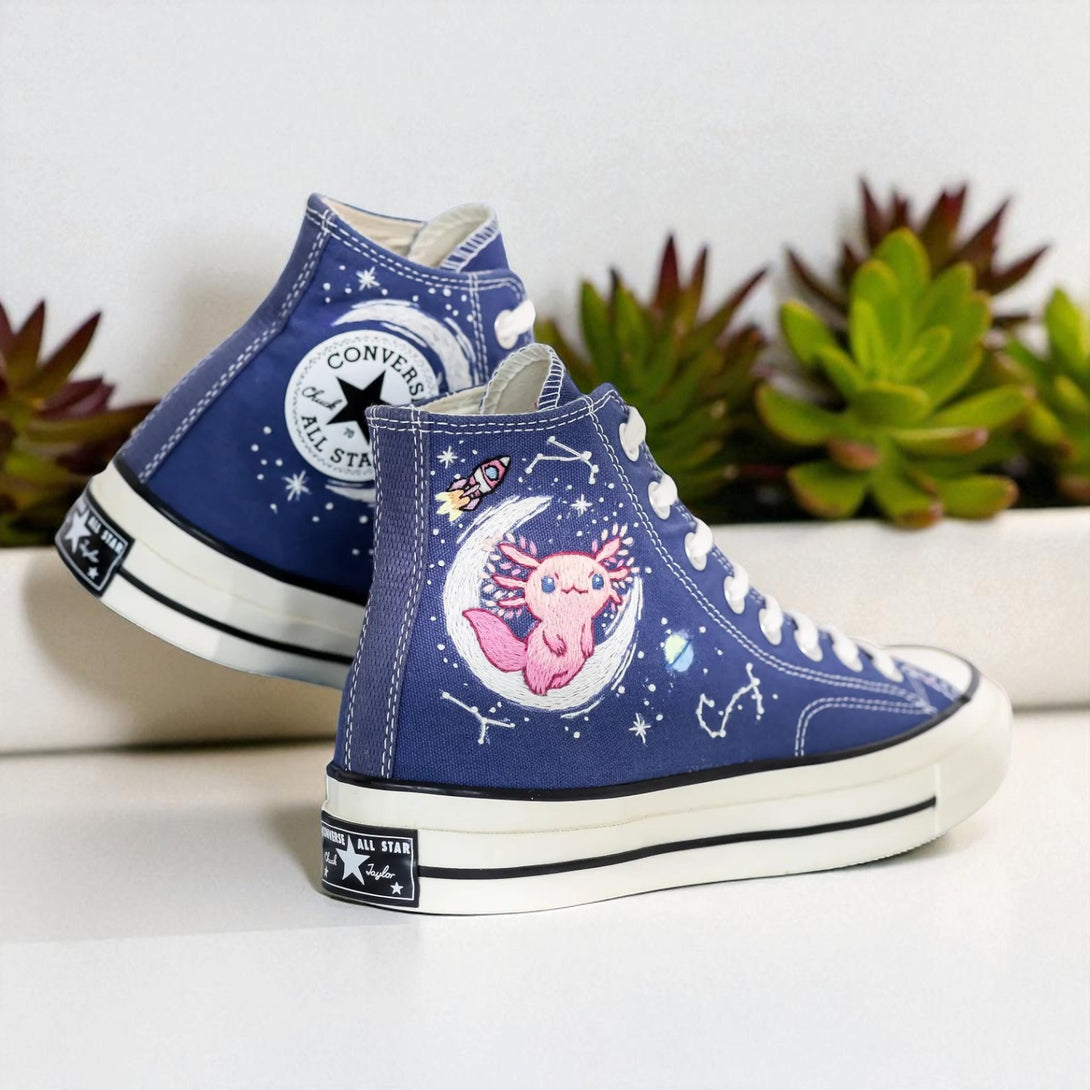 Constellations Embroidered Shoes featuring Moon and Axolotl Embroidered Sneakers design by Stitchery Zone