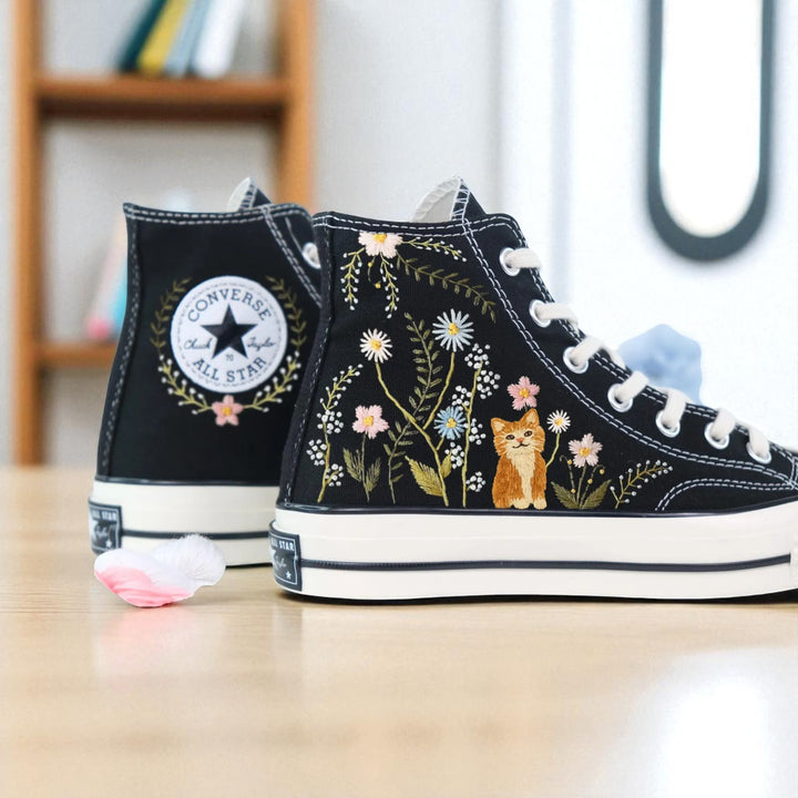 Converse Embroidered Shoes featuring a cute cat and floral design for aesthetic cute shoes lovers