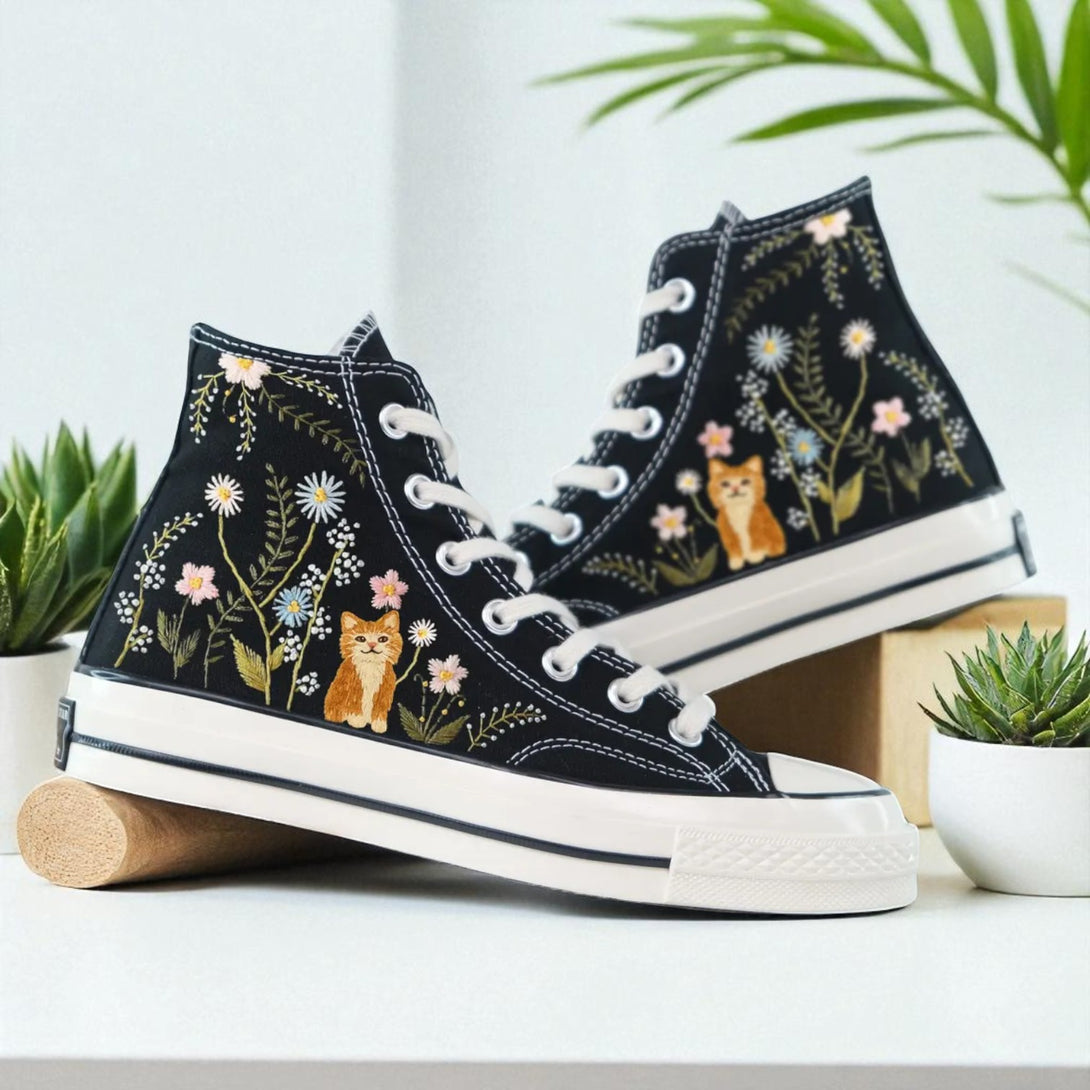 Converse embroidered shoes featuring a cute design with plants and cats, perfect for aesthetic cute shoes lovers