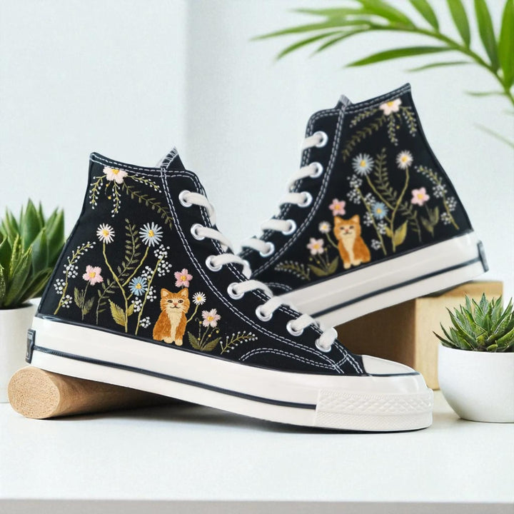 Converse embroidered shoes featuring a cute design with plants and cats, perfect for aesthetic cute shoes lovers
