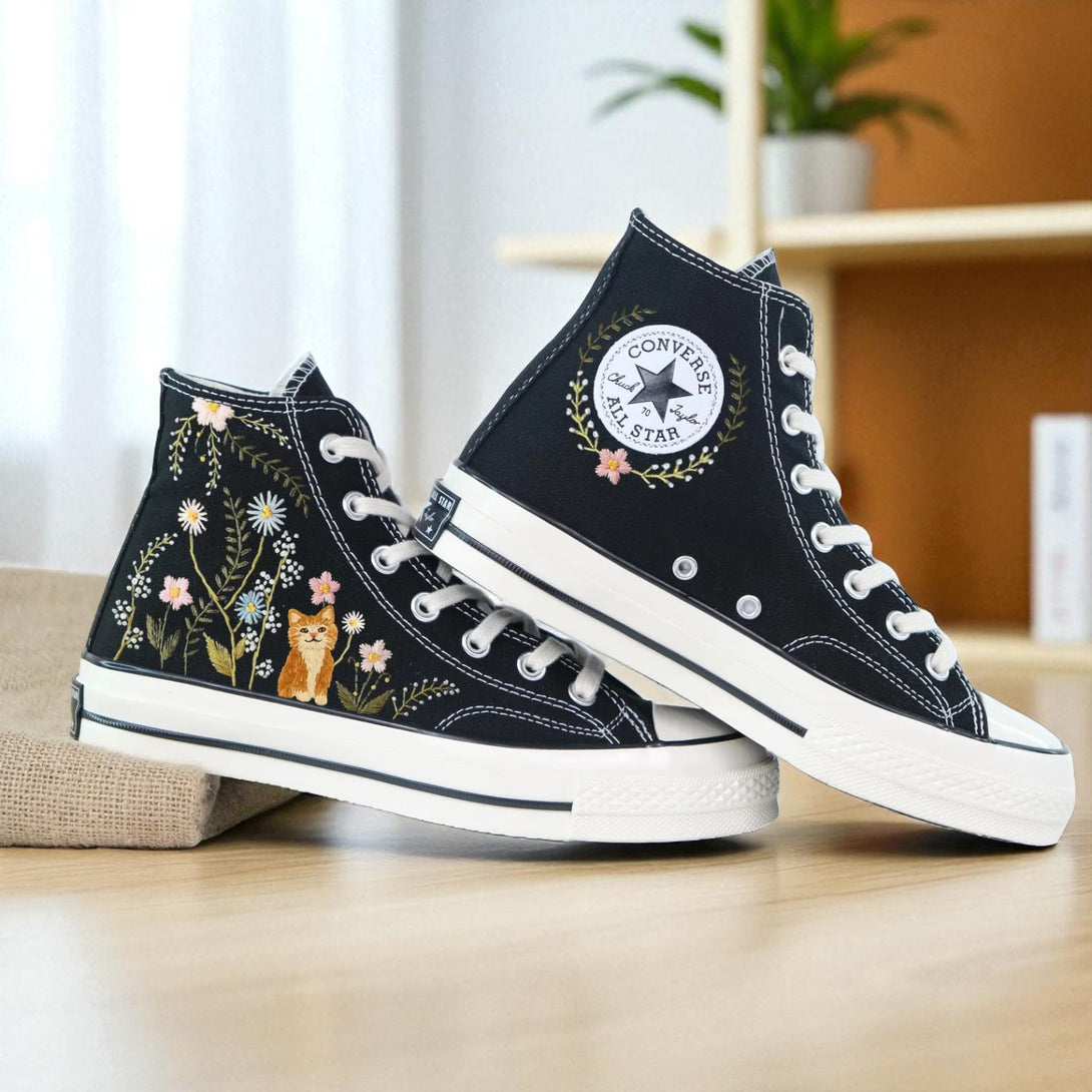 Converse embroidered shoes in black featuring floral and animal designs, perfect aesthetic cute shoes