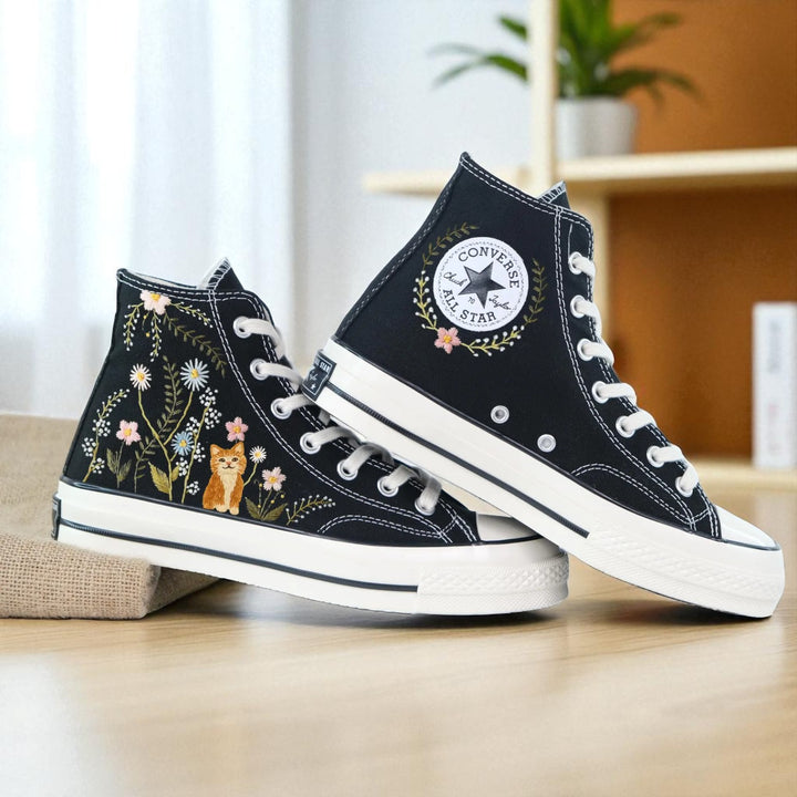 Converse embroidered shoes in black featuring floral and animal designs, perfect aesthetic cute shoes