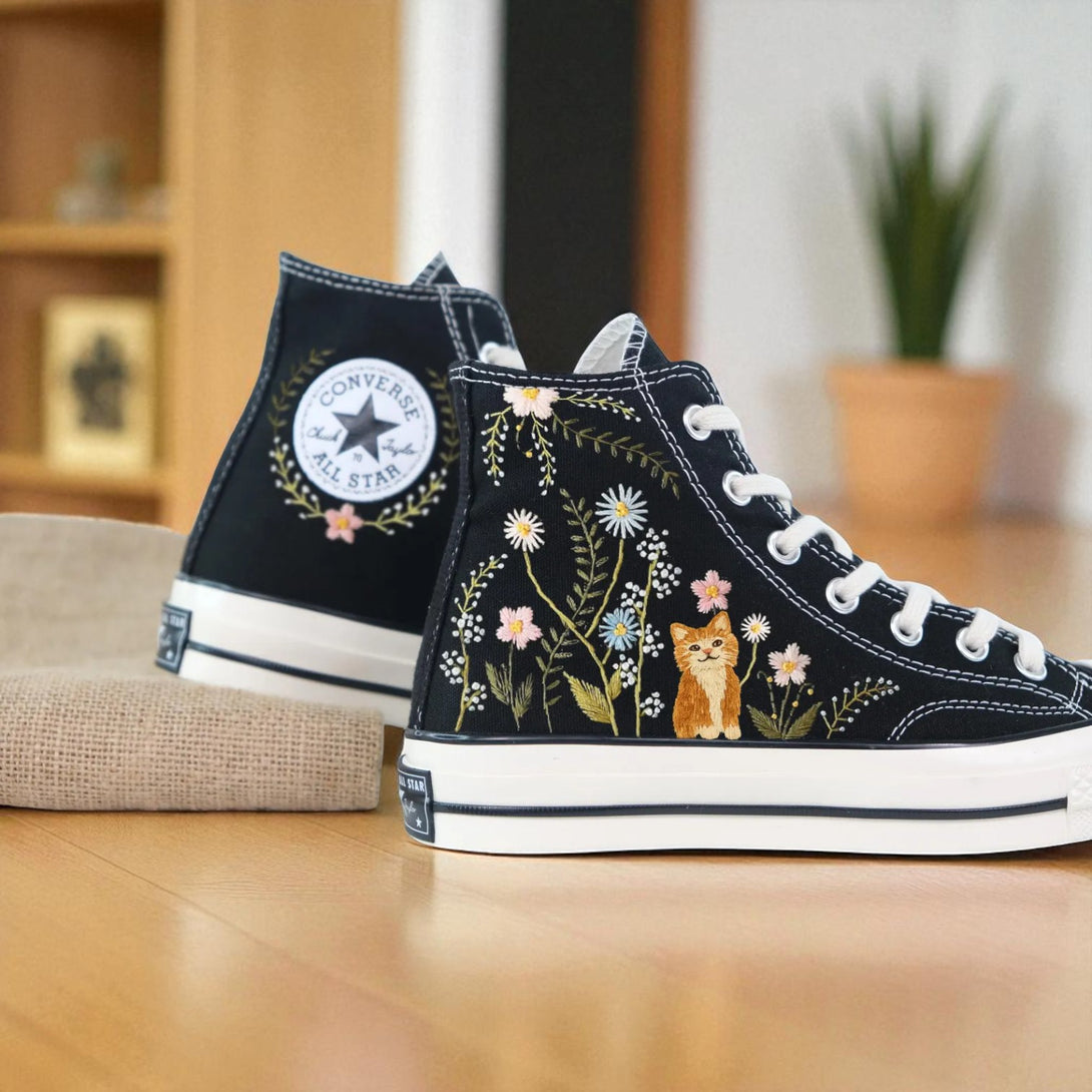 Converse embroidered shoes featuring floral designs and a cute cat, perfect for aesthetic cute shoes lovers
