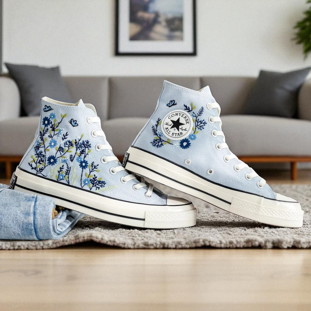 Stitchery Zone Blue Flower Embroidered Sneaker high top canvas shoe with blue floral embroidery and rubber sole