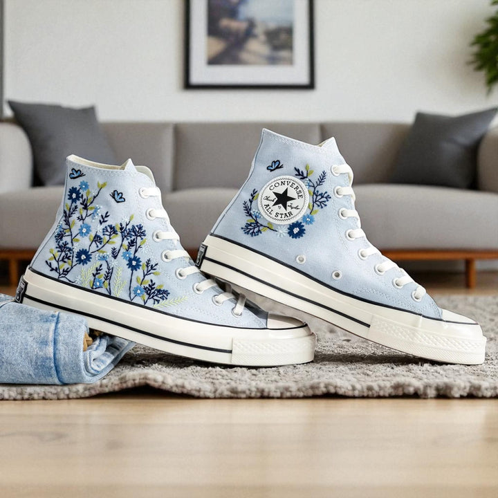 Stitchery Zone Blue Flower Embroidered Sneaker high top canvas shoe with blue floral embroidery and rubber sole