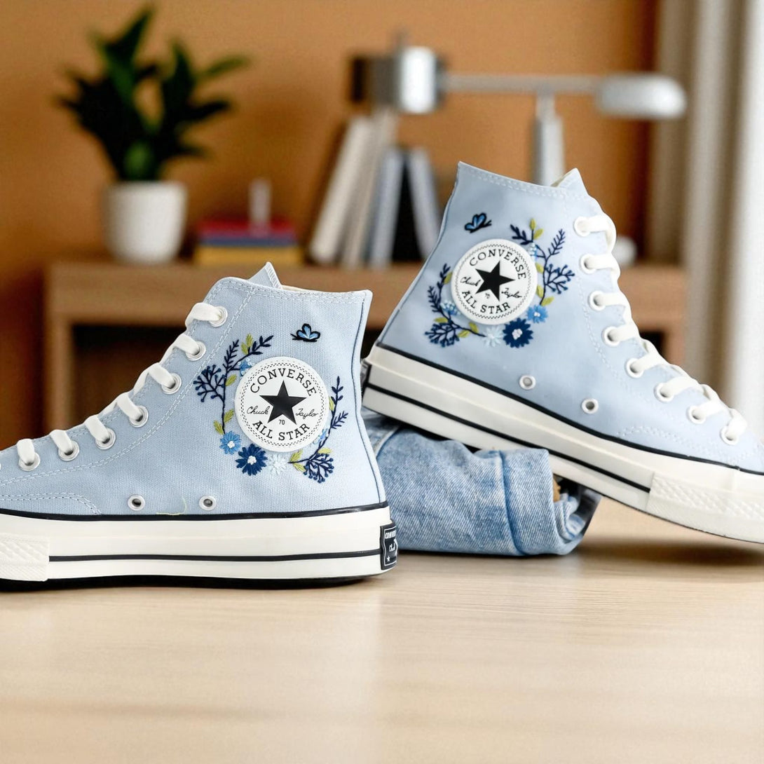 Blue Flower Embroidered Sneaker high top light blue canvas with floral embroidery white laces rubber sole Stitchery Zone