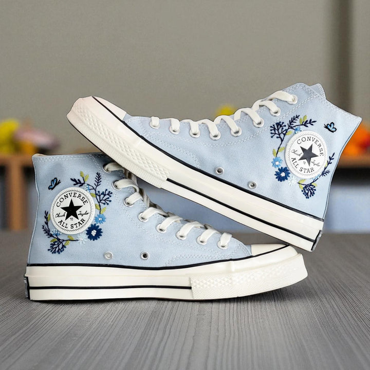 Stitchery Zone Blue Flower Embroidered Sneaker high top light blue canvas with white rubber sole casual style