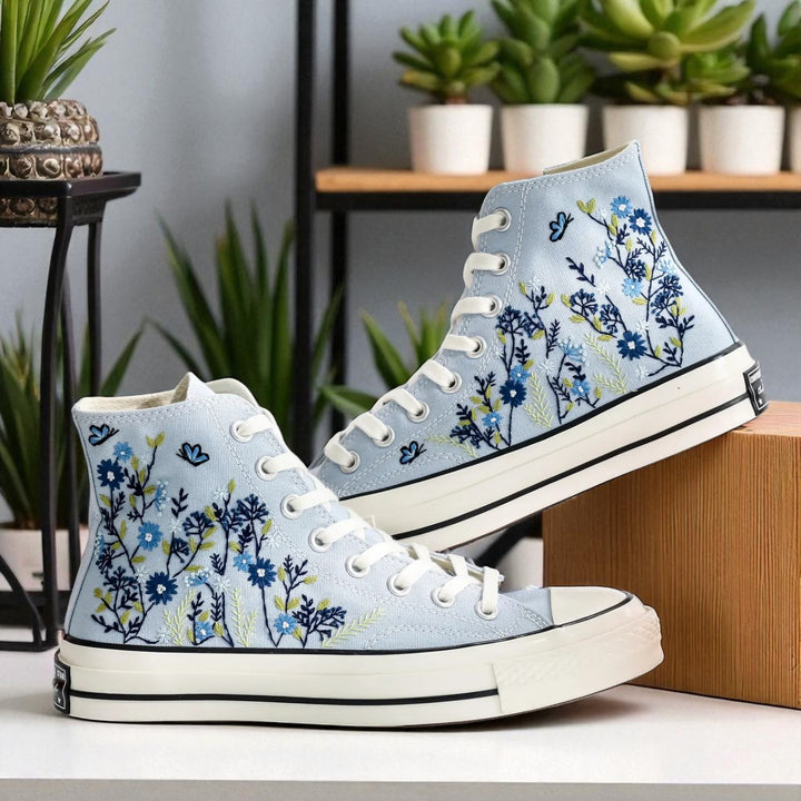 Stitchery Zone Blue Flower Embroidered Sneaker high top light blue canvas with white rubber sole and blue floral design