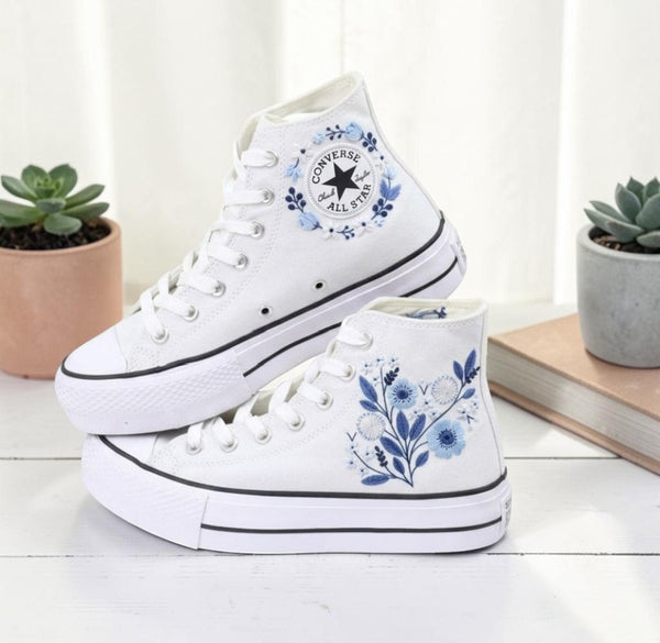 Converse blue flower embroidered shoes in white with floral design and classic high-top style