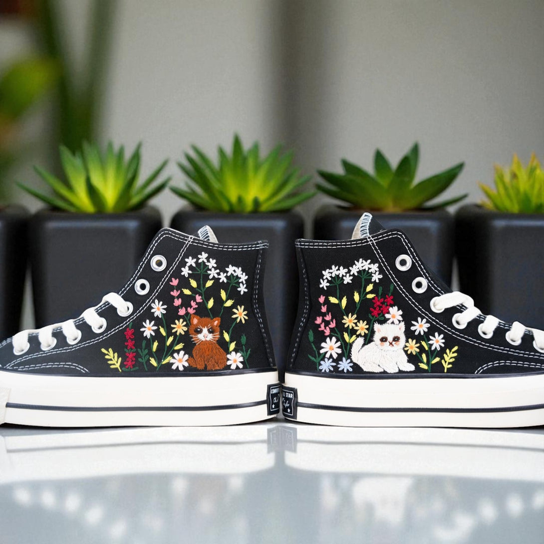 Stitchery Zone embroidered bridesmaid shoes for wedding with floral designs and cute cat and dog on black canvas