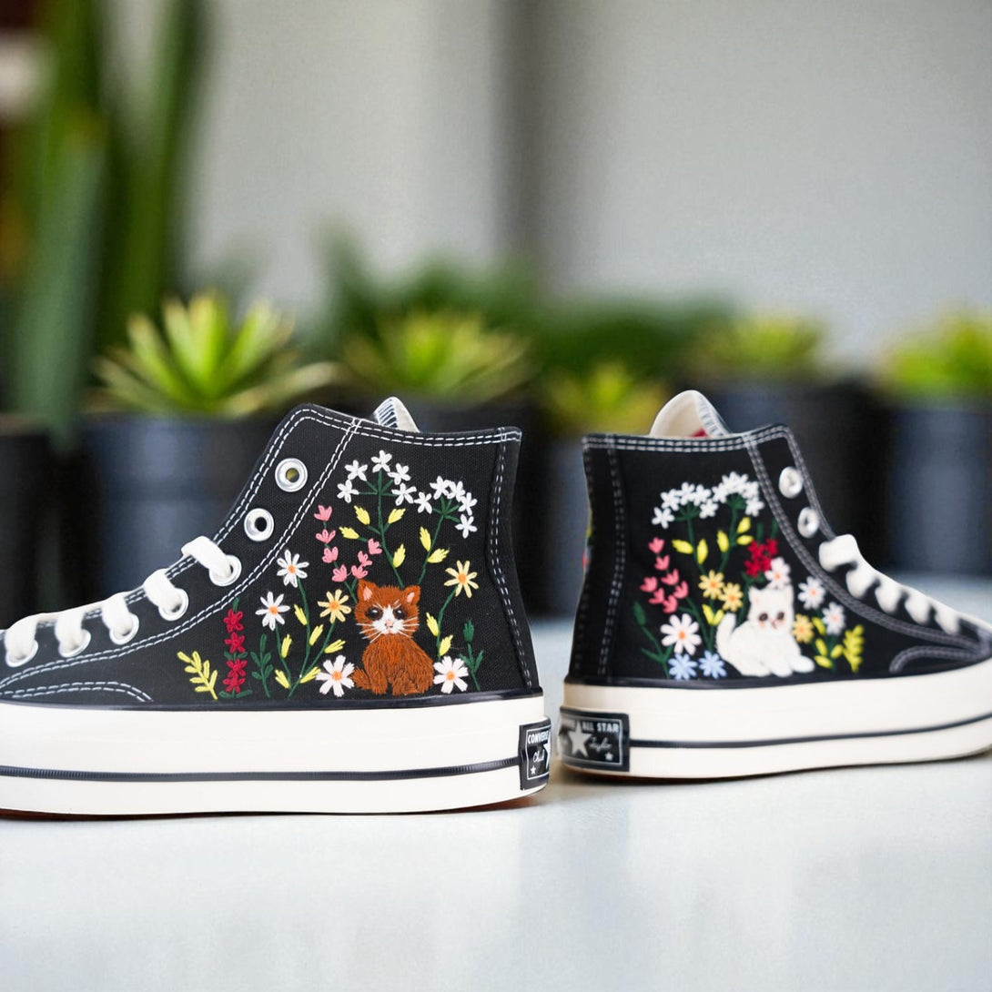 Stitchery Zone embroidered bridesmaid shoes for wedding with colorful floral and cat designs on black canvas