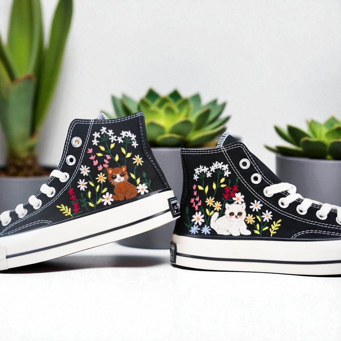 Stitchery Zone embroidered bridesmaid shoes for wedding with floral and cat designs on black high-top sneakers