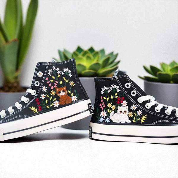 Stitchery Zone embroidered bridesmaid shoes for wedding with floral and cat designs on black high-top sneakers