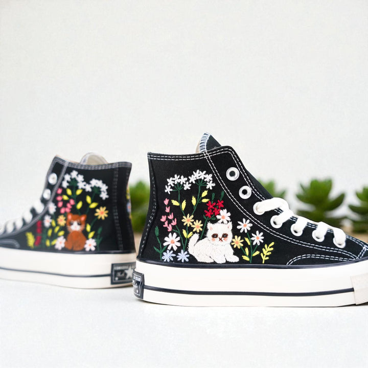 Stitchery Zone embroidered bridesmaid shoes for wedding featuring black high-top sneakers with floral and cat designs