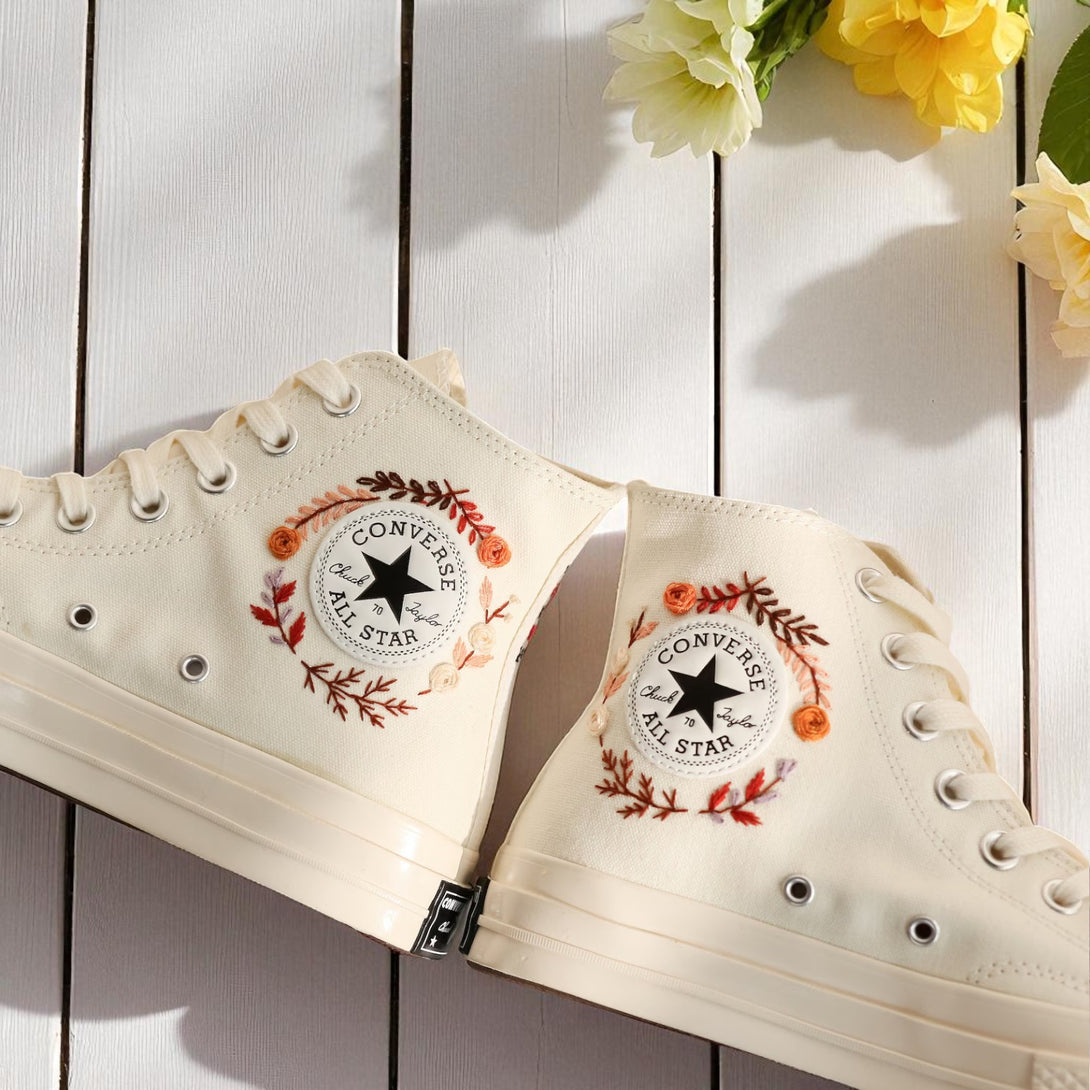 Converse cream high top Burnt Orange Bouquet Embroidered Shoes featuring floral wreath around All Star patch