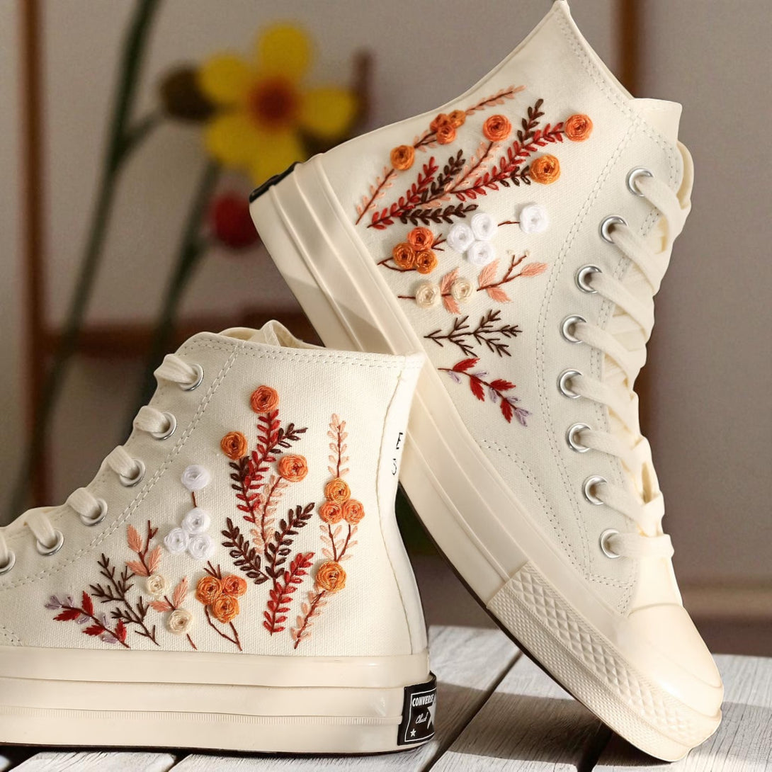 Converse high top canvas Burnt Orange Bouquet Embroidered Shoes in cream with orange and white floral embroidery