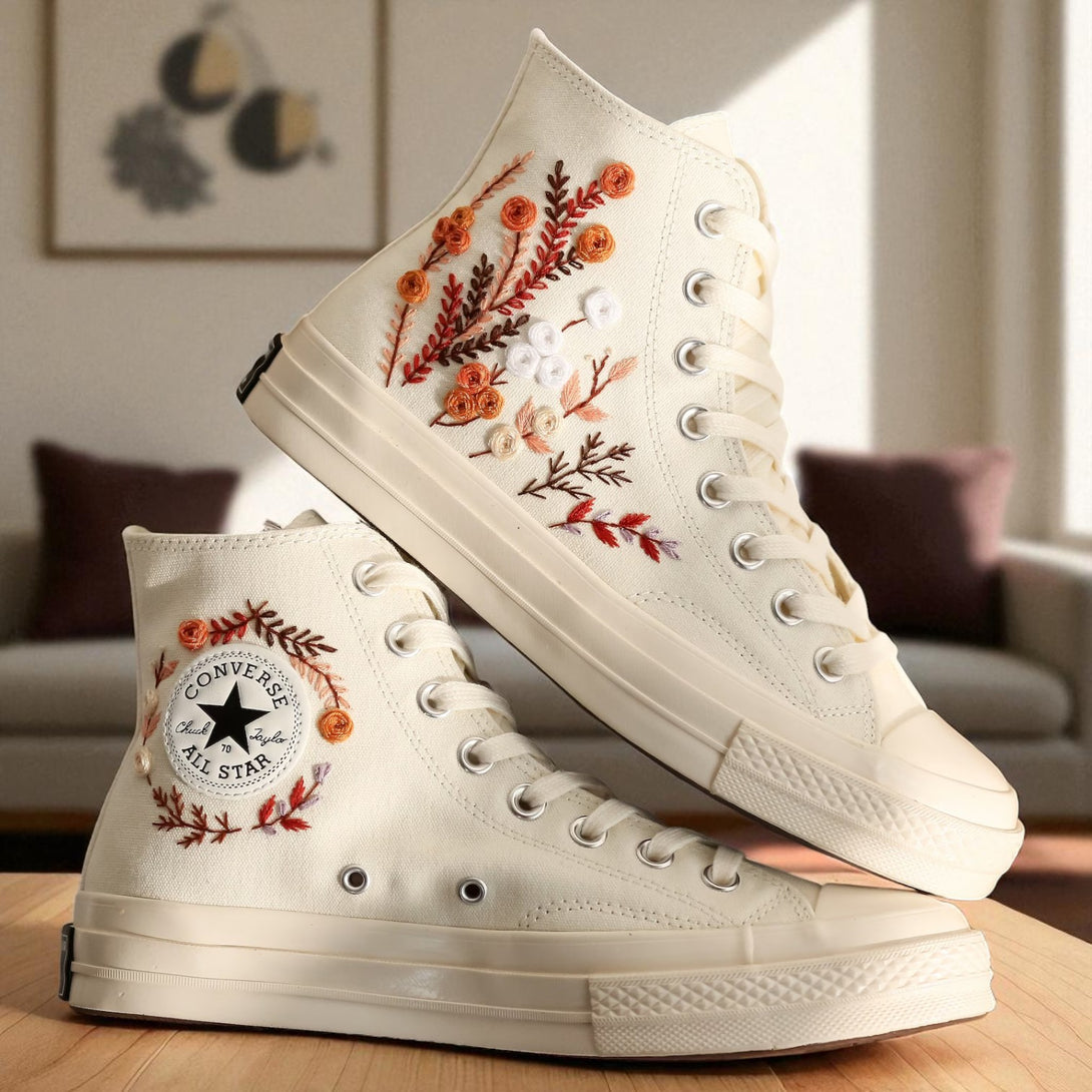 Converse high top Burnt Orange Bouquet Embroidered Shoes cream canvas with floral embroidery and All Star patch