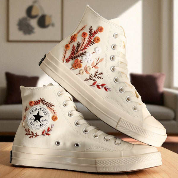 Converse high top Burnt Orange Bouquet Embroidered Shoes cream canvas with floral embroidery and All Star patch