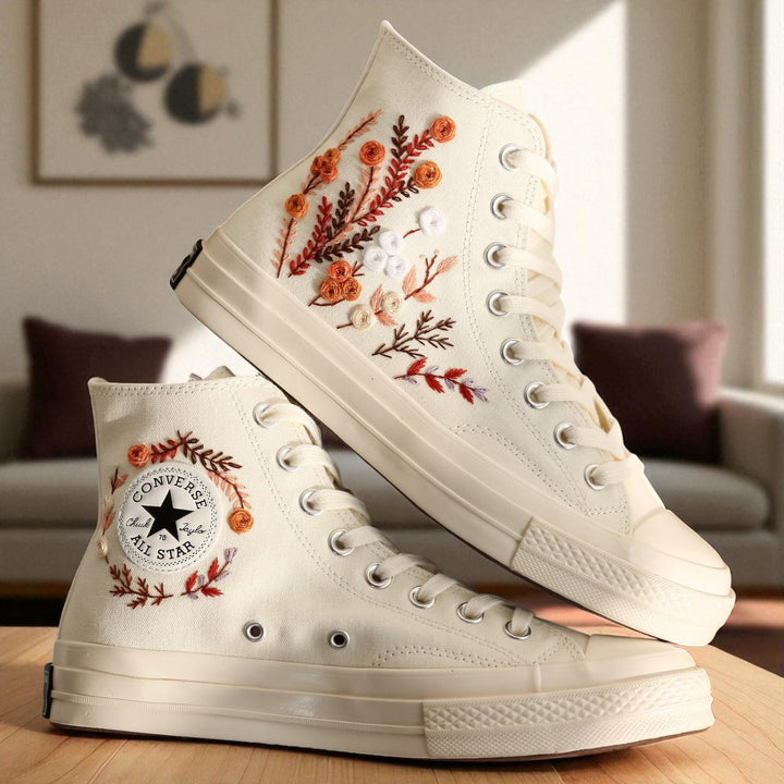 Converse high top Burnt Orange Bouquet Embroidered Shoes cream canvas with floral embroidery and All Star patch