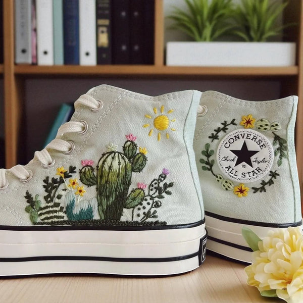 Converse Cactus Embroidered Shoes featuring colorful cactus designs on a light background