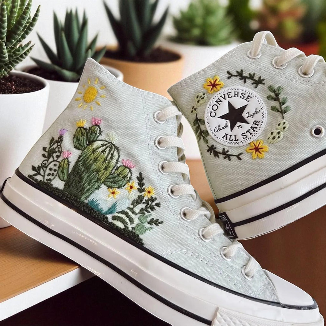 Converse Cactus Embroidered Shoes with Colorful Floral and Cactus Designs on Light Canvas