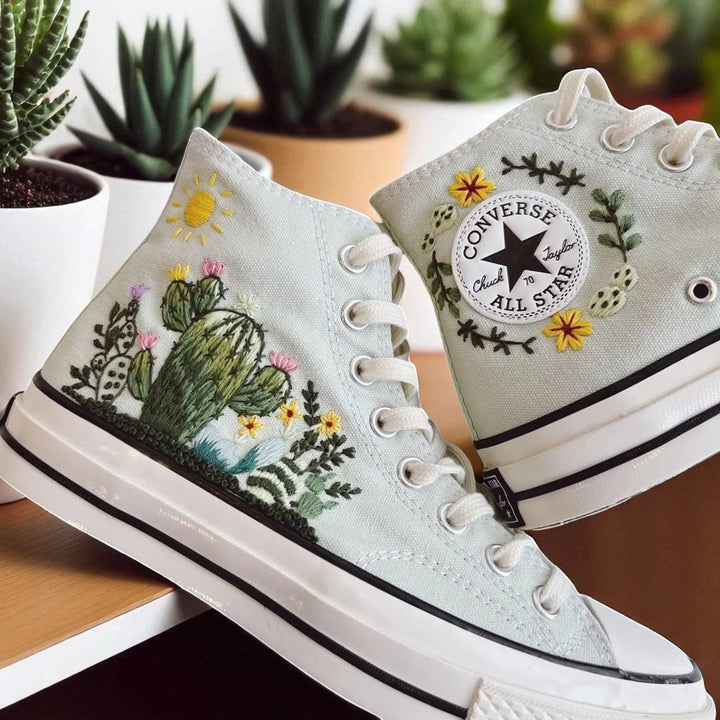 Converse Cactus Embroidered Shoes with Colorful Floral and Cactus Designs on Light Canvas