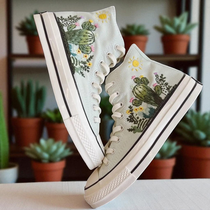 Converse Cactus Embroidered Shoes featuring colorful cactus designs on a white canvas